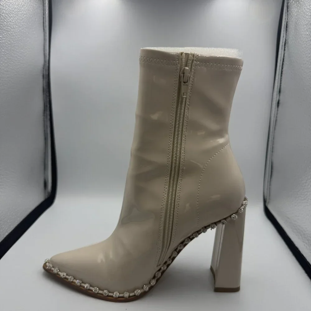 Steve Madden Edita Beige Patent Rhinestone Slouch Ankle Boots 6M Like New